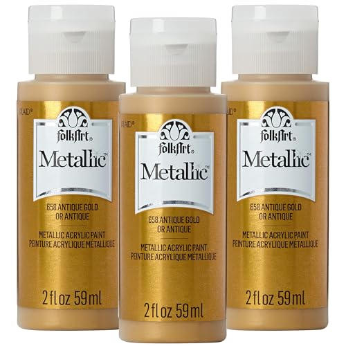 Image of FolkArt K658 Paint Acrylic Metallic, Antique Gold (Pack of 3) 2 oz, 658A- (Pack of 3