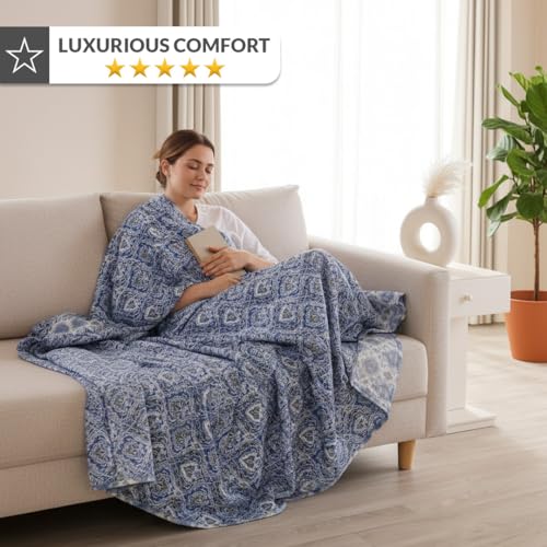 Image of HOMEMONDE 100% Cotton Reversible Dohar Double Bed Size | AC Blanket Comforter | Soft Lightweight Bed Blanket Quilt (84 x 94 Inch, Blue & White, Pack of 1)