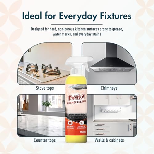 Image of Amazon Brand - Presto! Kitchen Cleaner | 1.1 L | 550 ml x Pack of 2 | Tough Grease & Grim Remover | Restores Sparkling Shine | Suitable For A Gas Stove, Chimney, Tiles