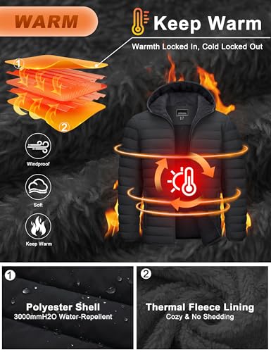 Image of Cotrasen Mens Puffer Jacket Sherpa Lined Water Resistant Hooded Winter Coat