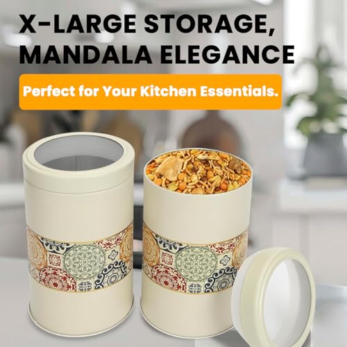 Image of Mandala Collection Airtight Kitchen Container Set| 1400ML- Set of 2| Food Grade Metal Jars for Rice, Atta, Besan & Flour Storage| Vacuum Lid, Rust Resistant| Beige Rangoli Canisters