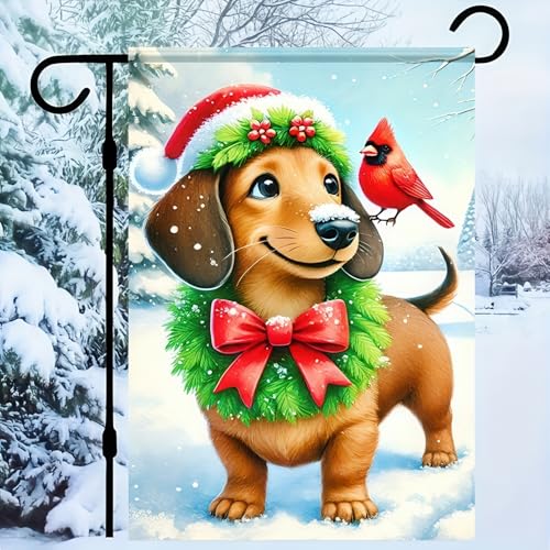 Image of BlissYard Winter Yard Flag Dachshund Cardinal 12x18 Inch Polyester