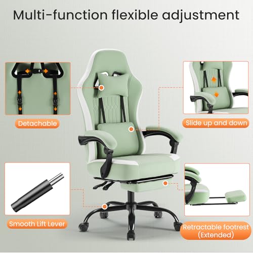 Image of DUMOS Gaming Chair with Linkage Armrests, Video Game Chairs with Pocket Spring Cushion, Ergonomic Computer Silla Gamer Office Desk Chair with Footrest for Adults & Students, Green