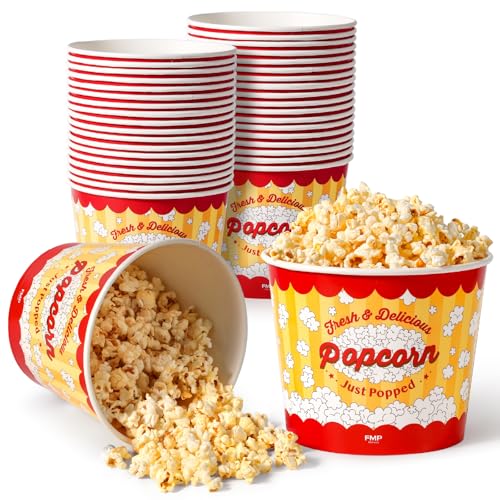 Image of Fit Meal Prep 150 Pack Classic Paper Popcorn Buckets Disposable, 85 Oz Grease Resistant Popcorn Bowls Cups for Machine Home Theater Carnival Movie Night