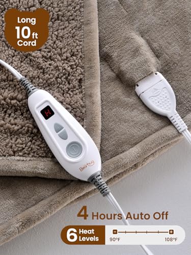 Image of Bearhug Electric Blanket Throw Size, 50 inch x 60 inch Heated Blanket with 6 Heating Levels & 4H Auto Shut-Off, Machine Washable Soft Velvet to Sherpa Reversible Heated Throw for Office, Couch and Sofa Taupe