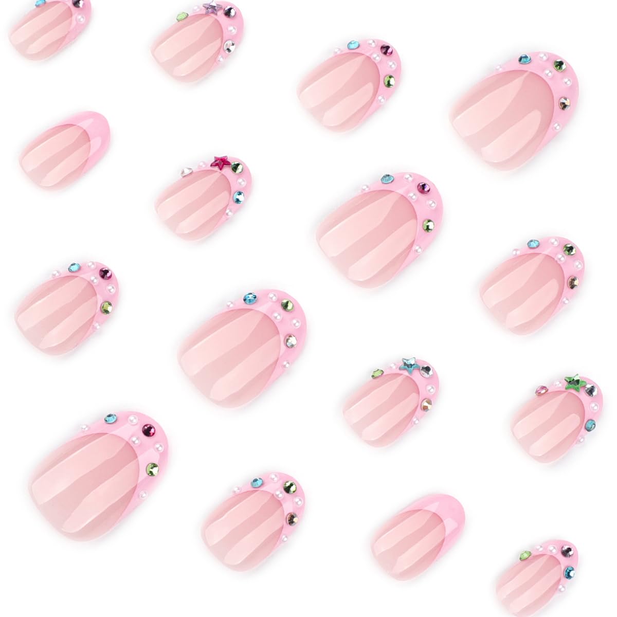 Pink French Tip Press on Nails Short Oval - Glossy Full Cover with Colorful Rhinestone Design, 24PCS for Women