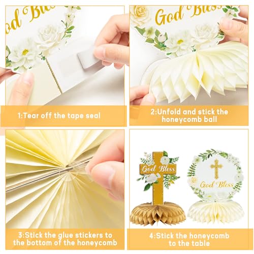 Image of ANGOLIO White Gold Floral Honeycomb Centerpieces - 12Pcs Cross Rose Greenery God Bless Baptism Party Decoration Baby Shower First Communion Birthday Party Supplies for Boy Girl 3D Wedding Table Topper