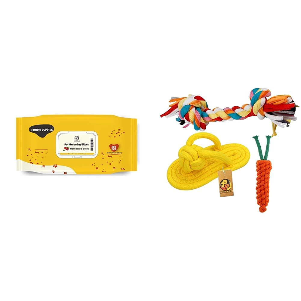 Foodie Puppies Anti-Bacterial Grooming Wet Pet Wipes for Dogs 6"x 8" - Pack of 100 Wipes & Durable Cotton Mix Chewable Rope Teething Playing Toy (B0CDDHX3L3) Amazon Price History, Amazon Price Tracker