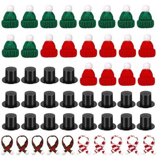 30 Pcs Mini Knit Hats and Christmas Scarves Set with 20 Pcs Black Plastic Miniature Top Caps for Tree Ornaments DIY Art Crafts Snowman Doll