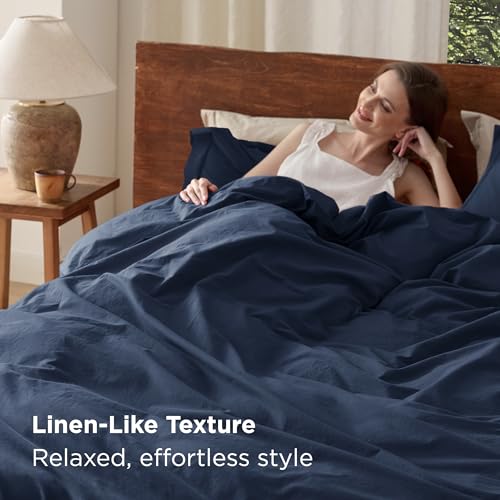 Bedsure 100% Washed Cotton Duvet Cover King Size - Navy Minimalist Cotton Duvet Cover Linen Like for All Seasons - GentleSoft™ Plain Simple Bedding (Navy, King, 104"x90")