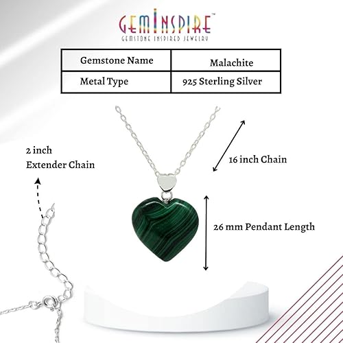Miniatura 6 de Green Malachite Necklace for Women, Heart Pendant Necklace, Green Heart Necklace, Malachite Jewelry, Everyday Wear, 925 Silver 16+2 inch Adjustable