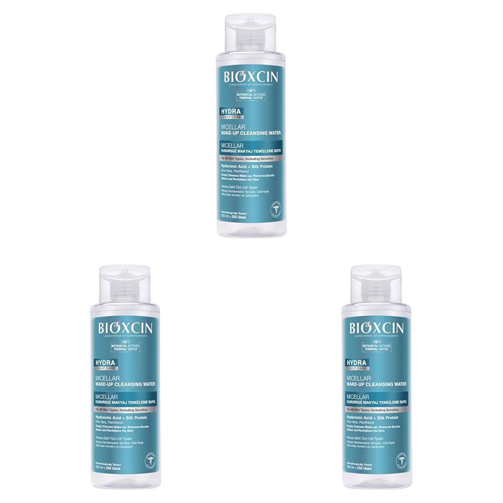 Bioxcin Hydra Micellar Makyaj Temizleme Suyu – Hyalüronik Asitli, İpek Proteinli, Hassas Ciltler İçin, Yağsız ve Durulama Gerektirmez, 500 ml (3 paketi)