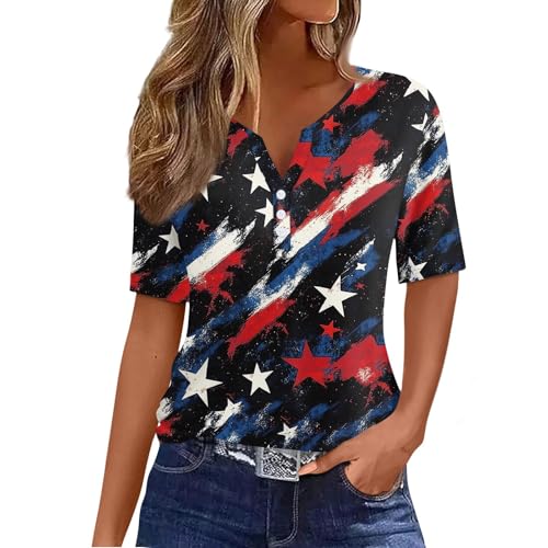 LAYHTKTL Camisetas de verano para mujer 2025 con botones y cuello en V, estilo bohemio, de manga corta, holgadas, cómodas, a la moda, K1 negro, XL