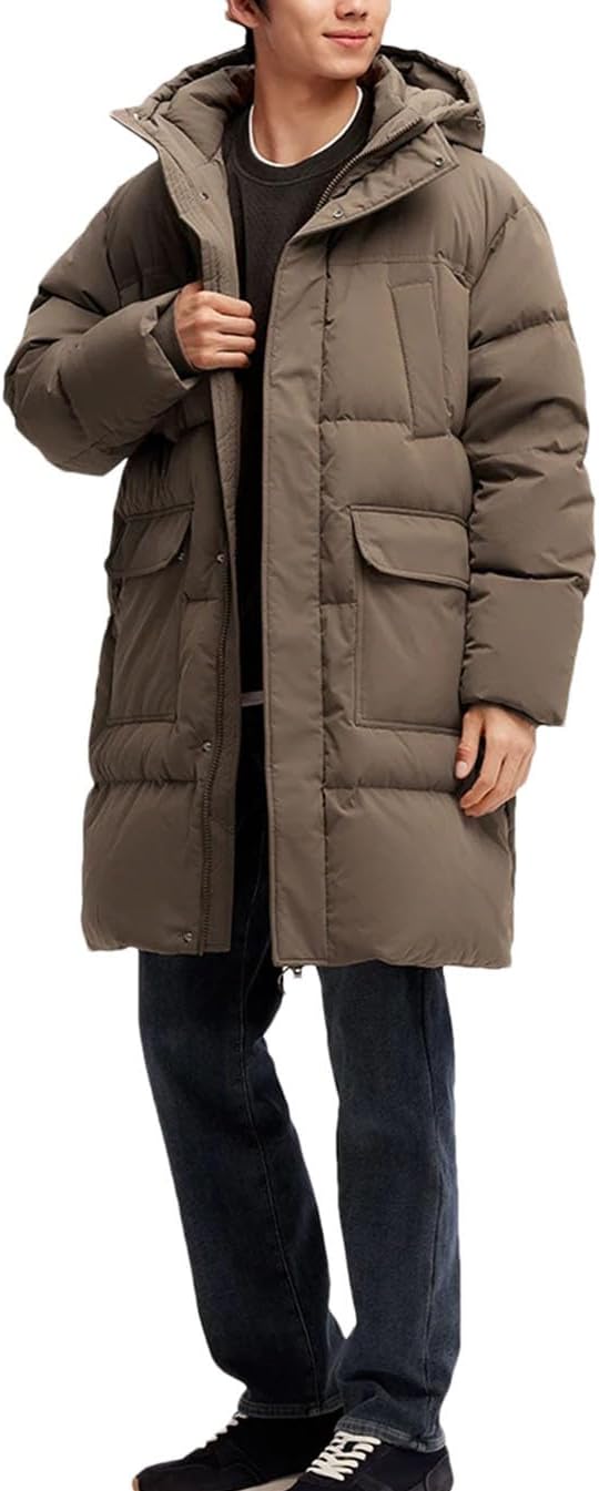 Men's Winter Long Down Coat Hooded Large Pockets Windproof Puffer Jacket Thicken Warm Puffy Windbreaker