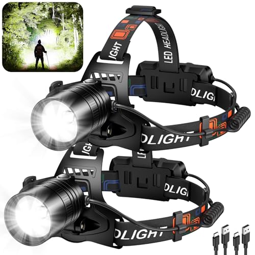 crazybrace Rechargeable Led Headlamp 2Pack, 99000 Lumen Super Bright Head Lamp with 3 Modes & 90° Adjustable, Brightest Headlamp 30H Long Runtime, Powerful Waterproof Headlamps for Adults Camping