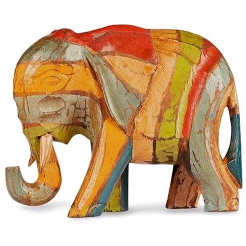 Elefante in legno intagliato e dipinto a mano in stile rustico