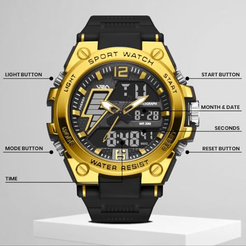 Image of V2A Stryke 45mm Analog Digital Sports Watch for Men | Hybrid Layered Dial | Alarm Stopwatch Backlight Day Date | TPU Strap | 30M Water Resistant | Gift for Mens