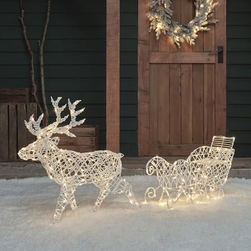 Lights4fun 3-in-1 LED Rentier mit Schlitten Beleuchtet 70cm Hirsch...