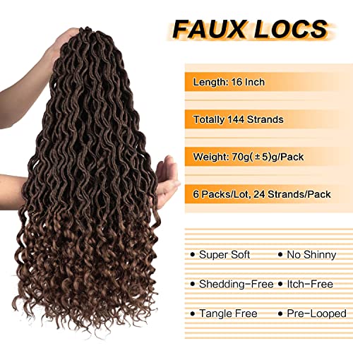 PEACOCO Faux Locs Crochet Hair, 6Pcs/Lot Goddess Locs Hair With Curly Ends 16 Inch Deep Wave Braiding Hair Synthetic Braiding Hair Extension (T1B/30)