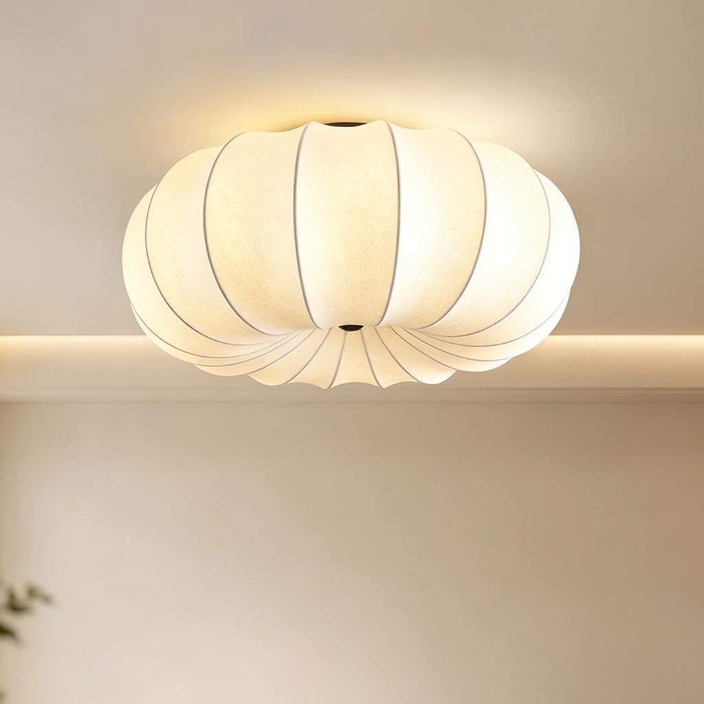 Lámpara De Techo WABI Sabi Japandi Suave Forma De Calabaza Plafón De Seda Artificial Premium Pantalla De Tela Cosida A Mano Exquisita Iluminación De Techo para Dormitorio Sala Comedor(40cm)