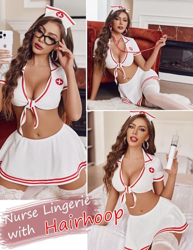 Image of SSoShHub Women Women Lingerie Lingerie Set Nurse Cosplay Lingerie Outfits with Tie Top and Mini Pleated Skirt Set Female Wedding Nightgown for Honeymoon and Anniversary