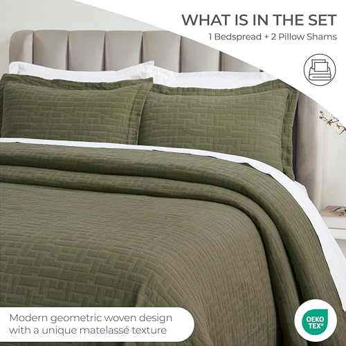 Superior 3 Piece Cotton Bedspread and Sham Set, Home Bed Decor, Decorative Bed Spread, 2 Pillow Shams, Medium Weight, Matelasse Coverlet, Bedding Essentials, Madrid Collection, Queen, Olive Green