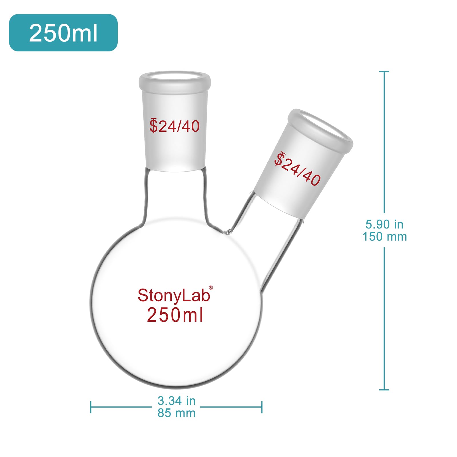 stonylab Ballon à Fond Arrondi en Borosilicaté Verre à 2 Cols RBF, avec 24/40 Joint Extérieur Conique Standard au Centre et sur les Côtés, 2 Neck Round Bottom Flask - 250ml