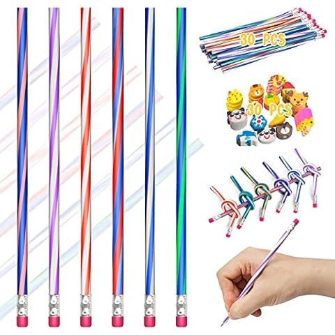 30 Pcs Bendy Pencils for kids Flexible Bendable Pencils Soft Pencil Colorful Bendable Pencils with 30 Pcs Animal Eraser for Teachers Classroom Party Supplies School Prizes Kids Gift Presents Cover