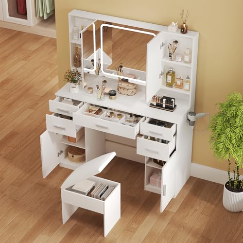 Airynee Vanity Desk with Mirror and Lights, Vanity Tables with 9 Drawers, Makeup Vanity with Tri-Folding 3 Colors Lighting Mirror and Cushioned Stool, Big Vanities Perfect for Bedroom, White
