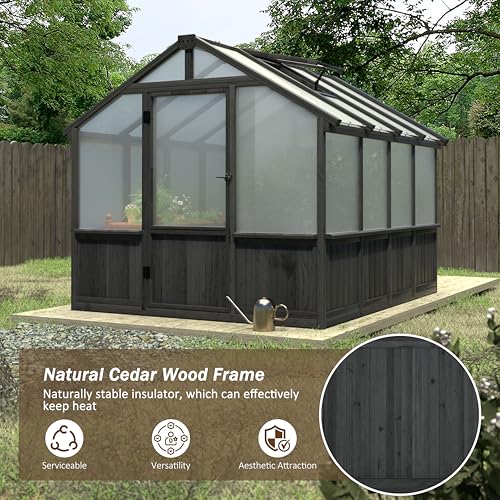 Image of MUPATER 8 x 8FT Wooden Polycarbonate Greenhouse with 6mm Polycarbonate Panels for UV Protection, Ventilated Window & Lockable Door, Walk-in Greenhouse for Outdoors, Patio, Backyard, Black