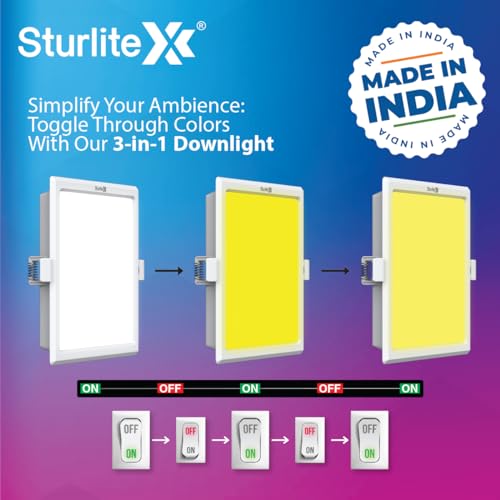 Image of Sturlite Dex (3 in1) Square LED Downlight|Warm, Neutral & Cool White Color Temperature|1500 Lumens with CRI Tech for Various Ceiling Types and Rooms (10W, Pack of 4)