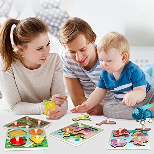 Funsland Wooden Toddler Puzzles, 4 Pcs Peg Puzzles Gifts Toys, Eco Friendly Animal Patterns Jigsaw with Handles, Infant Kid Fine Motor Skill Learning Educational Montessori Puzzles for 1 2 3 Years Old