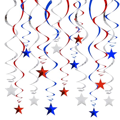 Image of BEISHIDA Red Blue Silver Star Hanging Swirl Decorations,July 4th Hanging Party Supplies for 250th Anniversary Graduation Wedding Baby Shower Birthday Party Decorations,Pack of 15