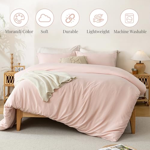 Image of MILDLY Duvet Cover 90 inchx98 inch Ultra Soft Comforter Cover Set 3pcs, Pink | Washed Microfiber Cotton-Like, Breathable Comfort, Hidden Zipper, 8 Corner Ties, OEKO-TEX Certified, Fade Resistant