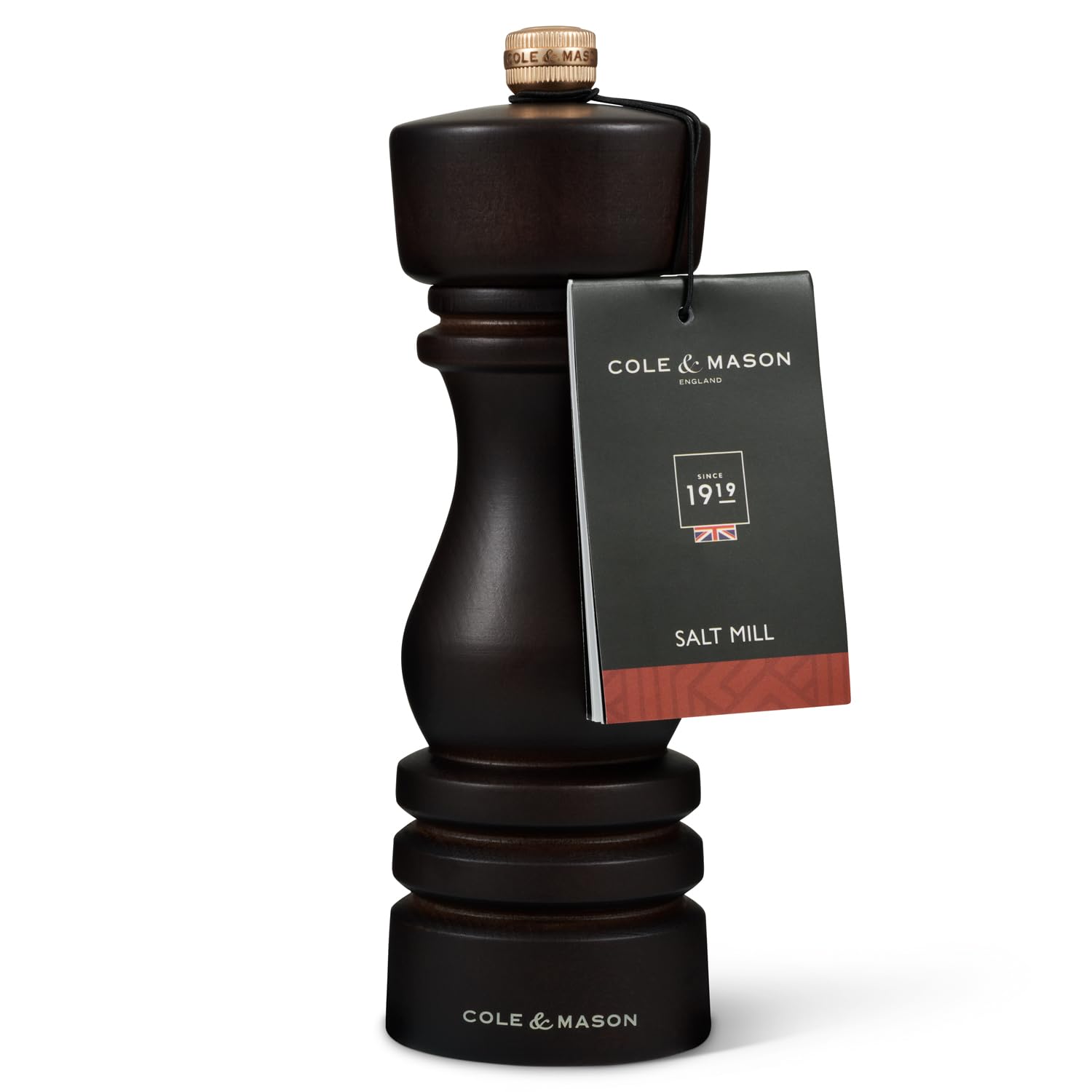 Cole & Mason London Refillable Spice Mill, 7'' Salt Mill, Chocolate Wood