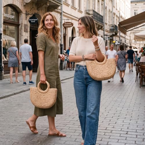 Image of BBTO 8 Pcs Semi Circle Straw Bag for Women, Rattan Woven Crossbody Bag, Retro Travel Bride Tote Handbag for Summer Beach