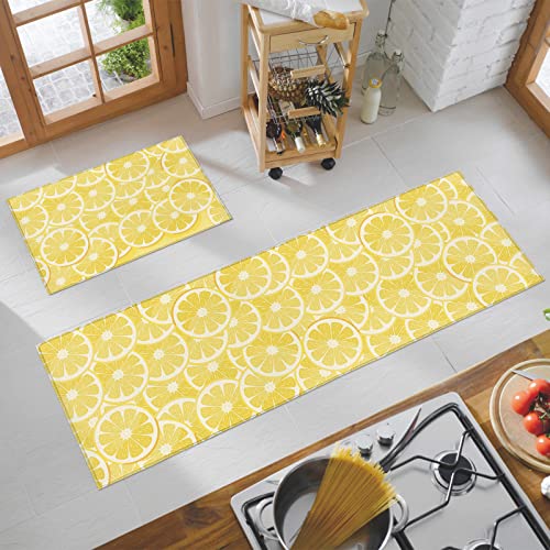 Cute Lemon Yellow Kitchen Rug And Runner Sets 2 Piece Non-Slip Bath Mats And Rugs Spring Summer Fruit Decorative Area Runners Rubber Backing Carpets Floor Sink Doormat #TOP5