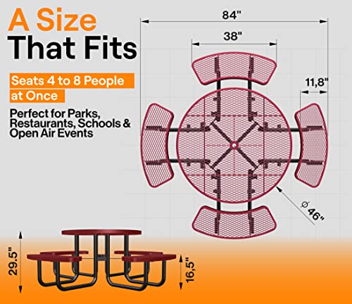 Outtans Round Outdoor Picnic Table 46-Inch - Picnic Tables For Outdoors With Umbrella Hole, Portable Picnic Table, Adjustable Seats, 2 Extra Legs, Red Metal Picnic Table #TOP5