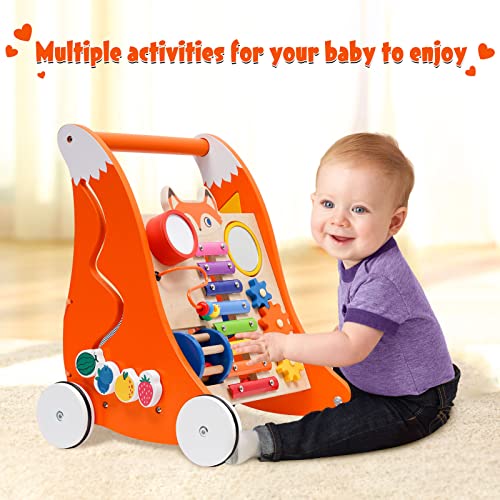 Wooden Baby Walker Baby Push Walker With Multiple Entertainment Activity Center, Sit-To-Stand Learning Baby Walkers For 1 Year Old Boys Girls Infants #TOP6