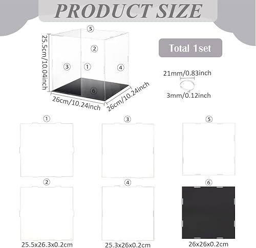 Miniatura 2 de FINGERINSPIRE Vitrina de acrílico transparente con base negra y 4 anillos de goma de 10 x 10 x 10 pulgadas, caja de acrílico transparente de