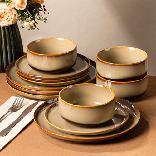 Image of TheTerra Ceramic Dinnerware Sets for 4, 12 Pieces Handmade Reactive Glaze Plates and Bowls Set, Scratch Resistant Dish Set, Oven & Microwave & Dishwasher Safe, Creamy Amber