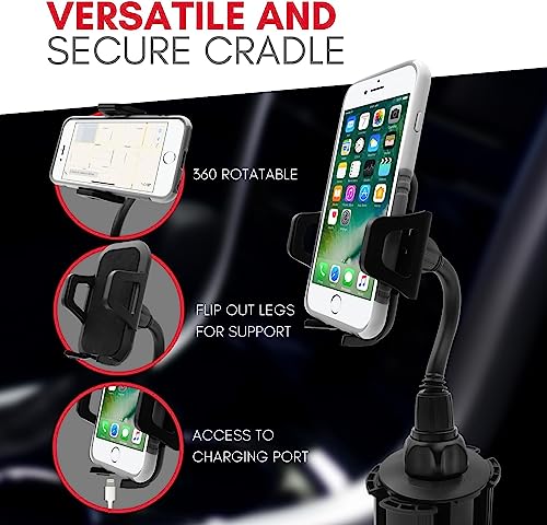 Macally Car Cup Holder Phone Mount - Securely Holds Phones up to 4.1” Wide - Flexible Gooseneck & 360° Rotatable Cradle
