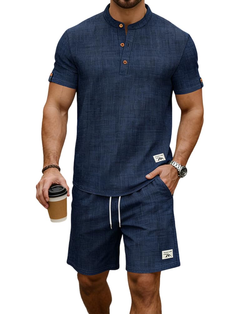 Ensemble Homme Ete Chemise Lin Manches Courtes et Short Set Jogging Ensembles Survêtement 2 Pièces Tenue de Plage Décontracté