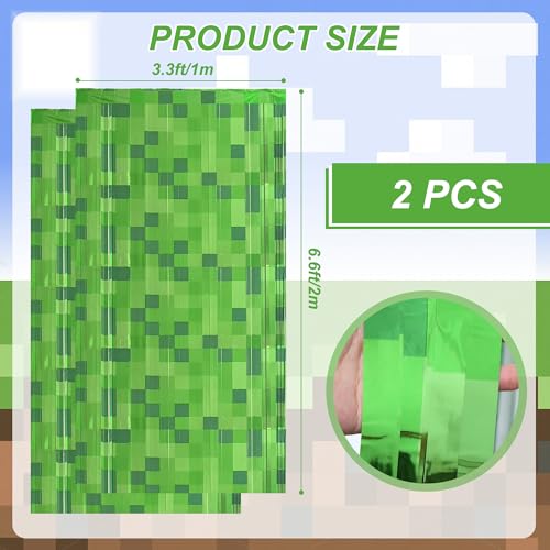 Image of Green Pixel Miner Foil Fringe Curtains - 2 Pack 3.3x6.6ft Metallic Video Game Birthday Photo Booth Backdrop, Door Streamers for Gamer Party Decorations & Room Wall Decor