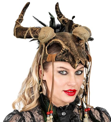 Kopfschmuck Tierschädel mit Hörnern Federn Perlen Voodoo Priester Maske Krieger Schamane Barbar, Farbe:Bronze Kopfschmuck Tierschädel mit Hörnern Federn Perlen Voodoo Priester Maske Krieger Schamane Barbar, Farbe:Bronze