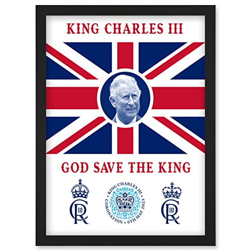 Artery8 King Charles III Coronation God Save the King Union Jack Crest and Emblem Artwork Framed Wall Art Print A4