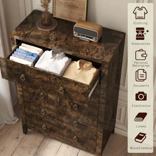 Image of AMERLIFE 49 inch Tall 5 Drawer Dresser with High Gloss Burl Wood Finish, Brown