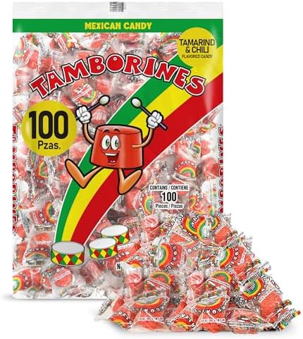 Tamborines Enchilados โ Mexican Hot Candy with Chili and Tamarind, 100 Individually Wrapped Pieces, 15.85 oz Bulk Pack