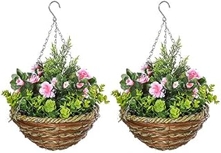 Outsunny Pack of 2 Artificial Lisianthus Flowers Hanging Planter with Basket for Indoor Outdoor Decoration