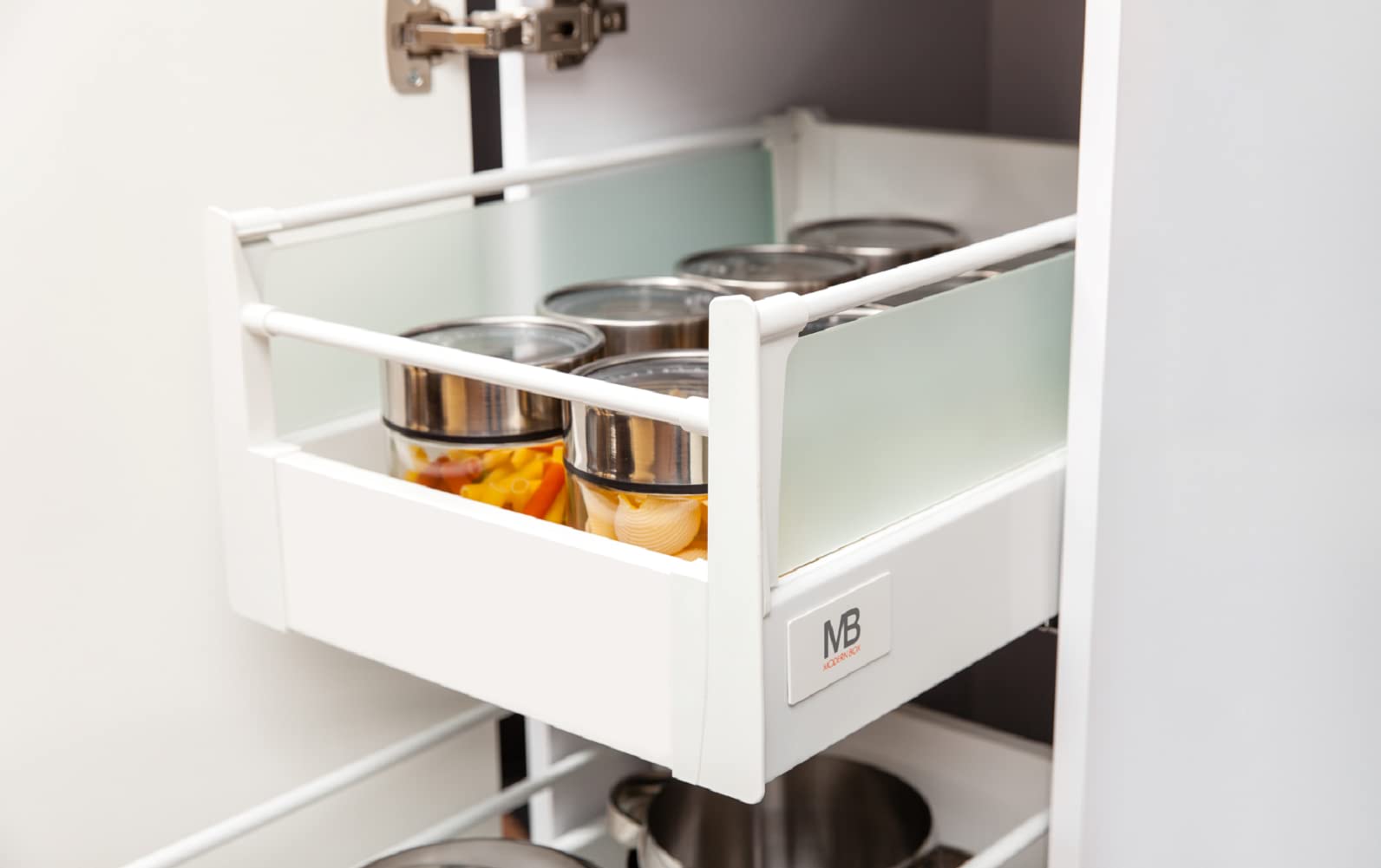 GTV - Sistema di Cassetti Modern Box, Set Guide Scorrevoli per Cassetti, Set di Cassetti, Portata fino a 40 kg, Sincronizzazione del Percorso Delle Guide, L=450mm H=146 mm, Grigio
